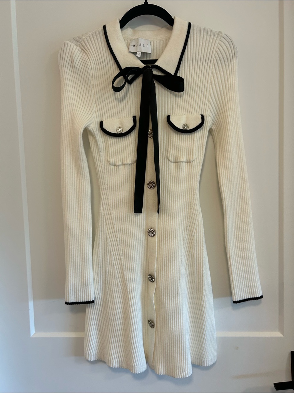 MABLE Cream Knit Button-Front Dress with Black Trim and Bow